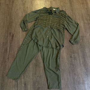 Vtg Giallo Napol Women’s Green Rayon Outfit Set Fringe Pearl Studs Relaxed Fit M